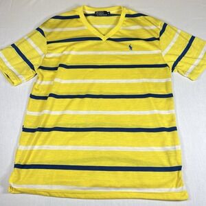 Polo Ralph Lauren Mens XL Yellow Striped V Neck T Shirt Blue Pony Short Sleeve